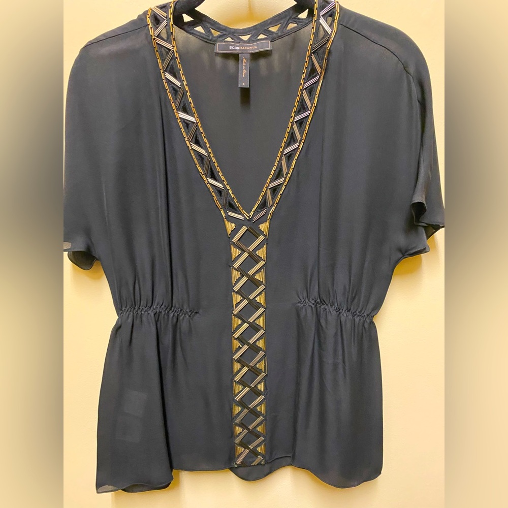 BCBG 100% silk black beaded blouse